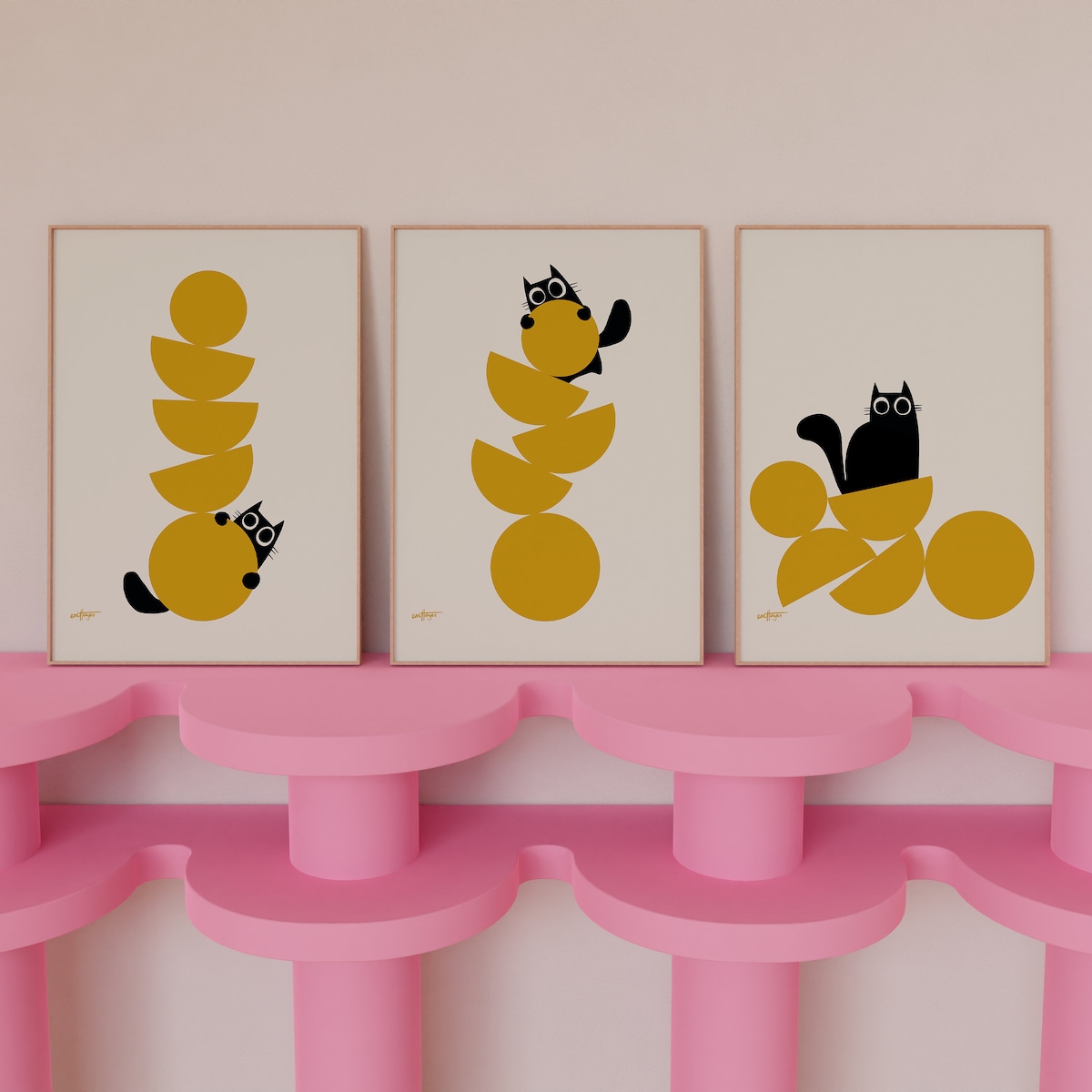 Mid Century Modern Black Cat Choose Individually or the Set, Minimalistic Prints of Playful Cat Climbing Yellow Geometric Semi Circle Stack - Etsy