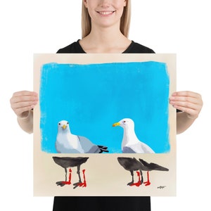 Contemporary Seagull Portrait in Realistic and Abstract Art Styles with Blue Color Background, Statement Art Print or Gallery Wall Art 18x18 inches
