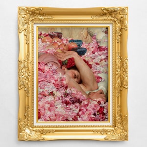 Uomo vittoriano tra petali di rosa – Dettaglio di belle arti, stampa barocca, dipinto d&#39;epoca romantico rinascimentale per parete di una galleria
