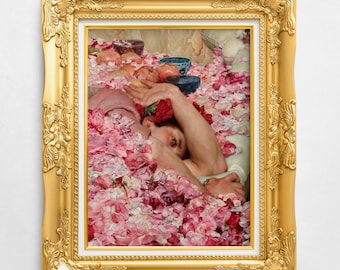 Beautiful Man Covered in Rose Petals - Fine Art Baroque Aesthetic Decor, Renaissance Vintage Victorian Era Painting for Galley Wall