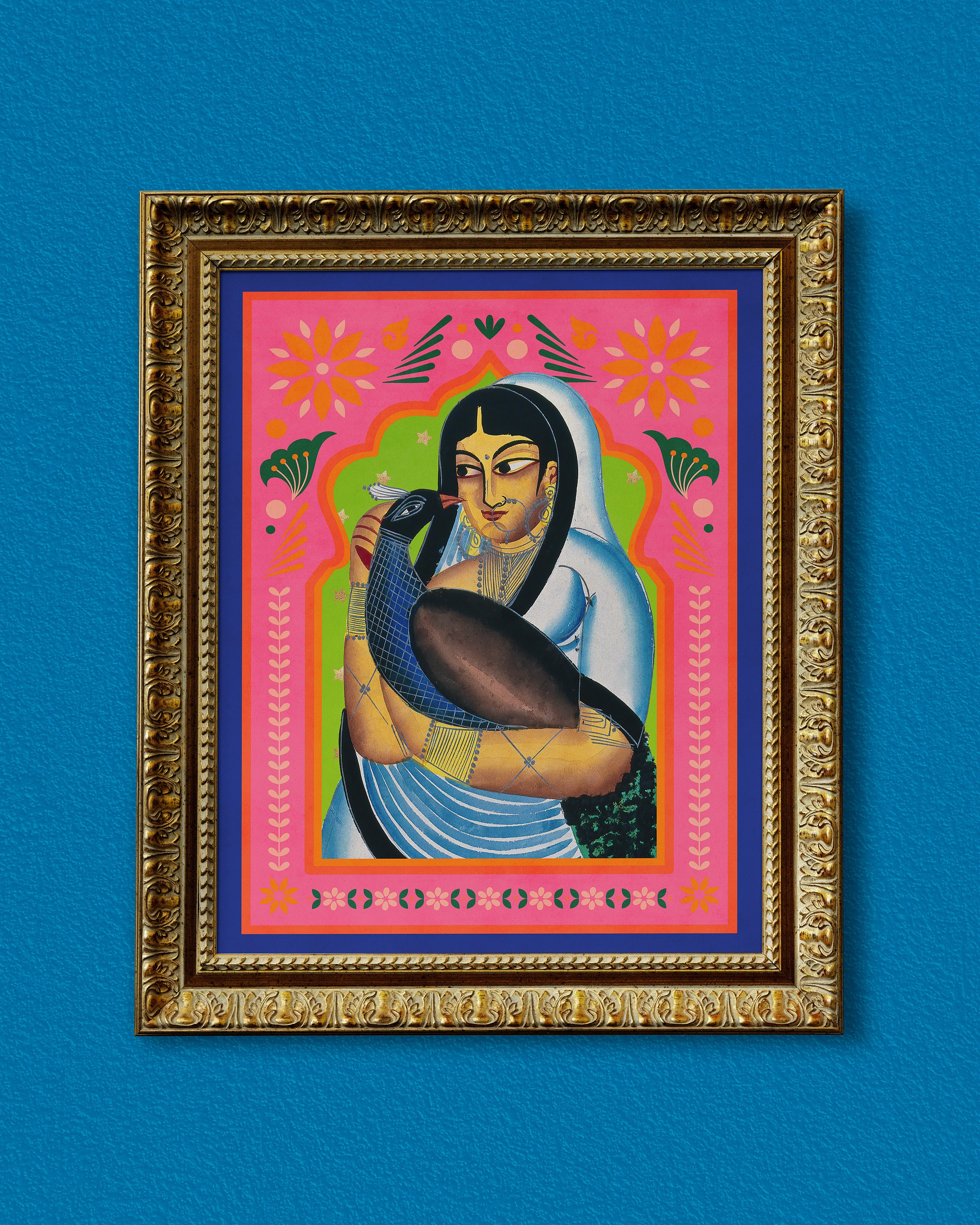 孔雀を抱く女性：カラフルな東洋インドスタイル、ラウンジ、寝室