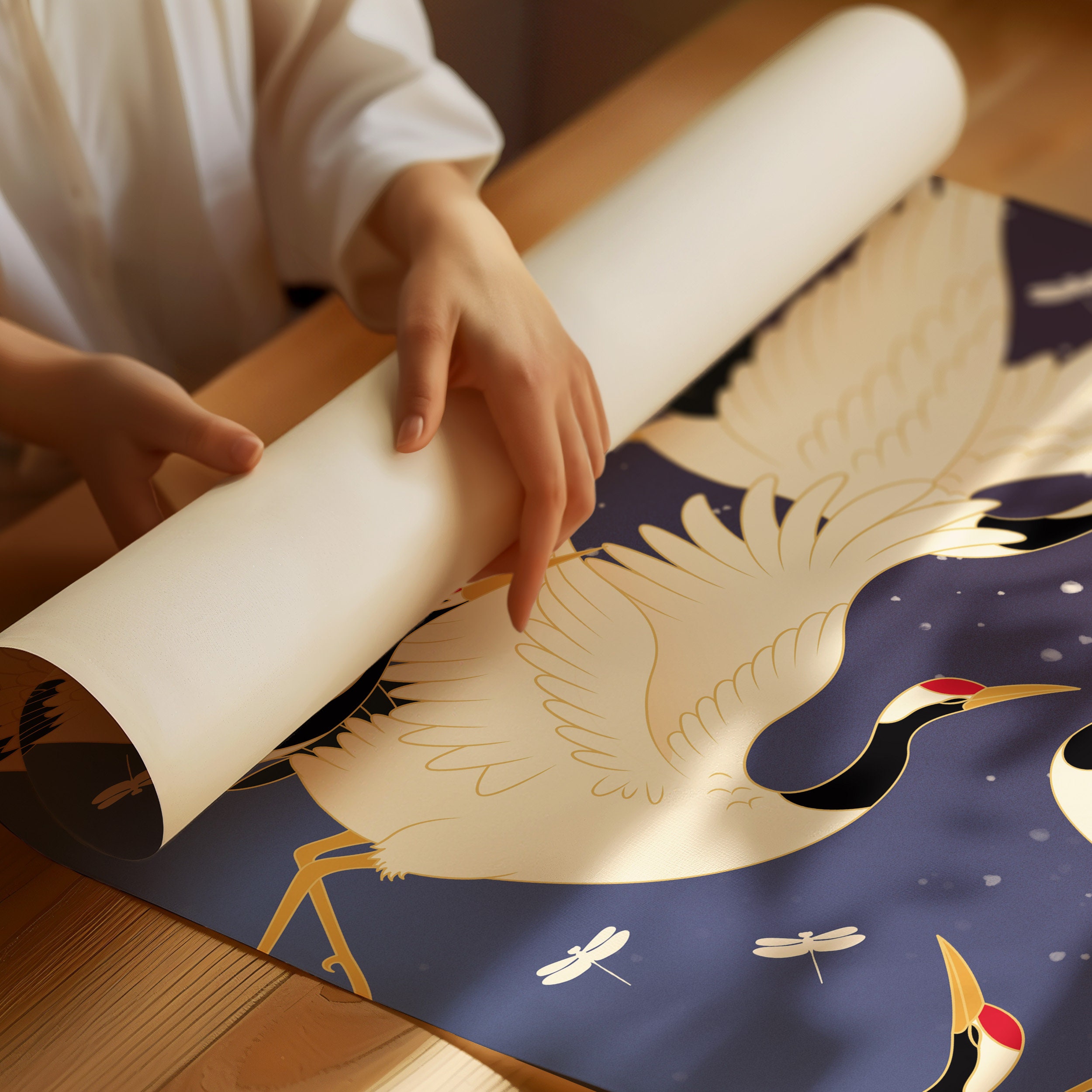 Japanese Crane Wall Art – Elegant Birds With Fireflies on Dark Blue ...