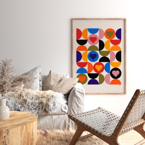 Cartel de corazones de Bauhaus, decoración de sala de estar escandinava moderna de mediados de siglo, impresión de arte abstracto en varios colores imagen 3