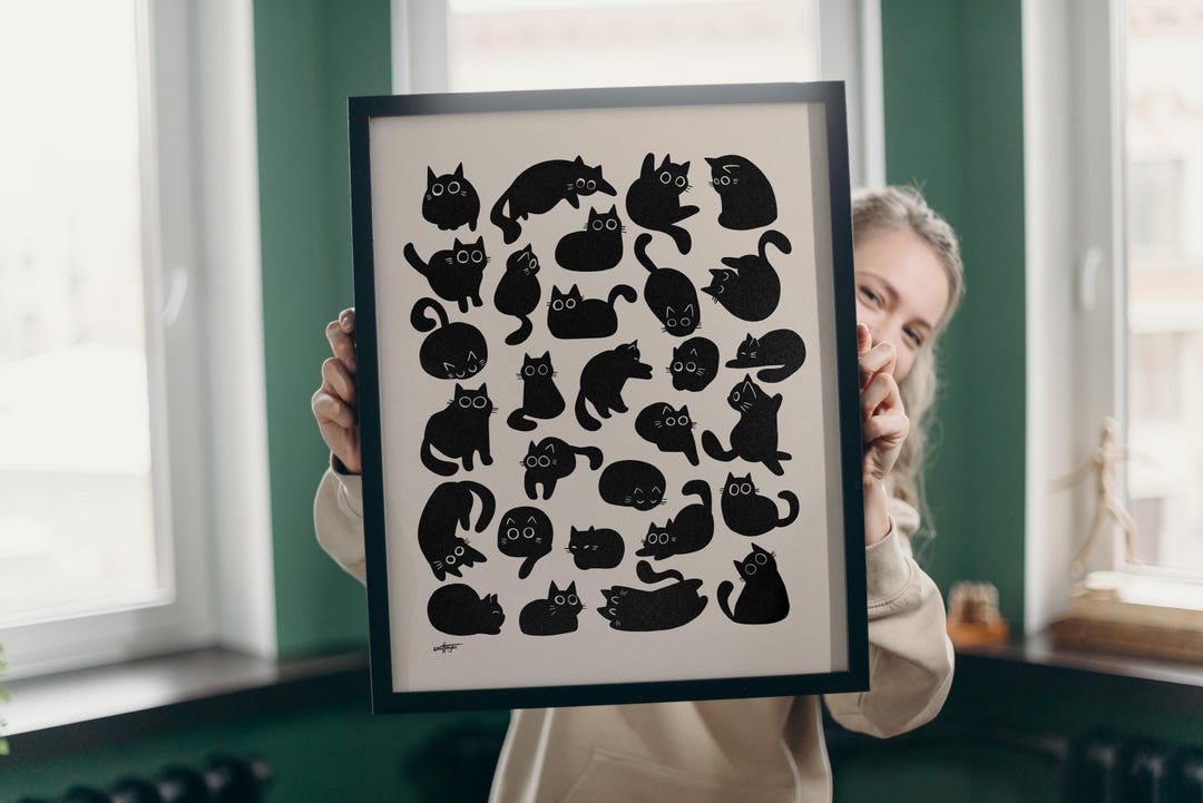 Black Cat Wall Art – Minimalist Boho Cat Print, Cute Modern Decor for ...