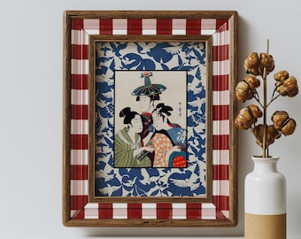 Japanse houtsnede kunstdruk, ukiyo-e-stijl met blauwe vogelpatroonrand, vintage poster kabuki-trio, gedurfd traditioneel Aziatisch muurdecor