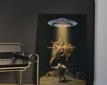 Goya's heksenvlucht met UFO-ruimteschip, gewijzigde beroemde vintage print wanddecoratie, donkere kunst en eigenzinnig huisontwerp, eclectische collage