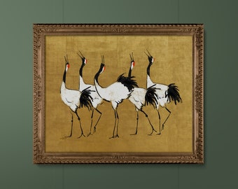 Japanese Crane Birds on Gold Color Background: Maximalist Hollywood Regency Wall Art Print, Hand Drawn Illustration, Small to Extra Large