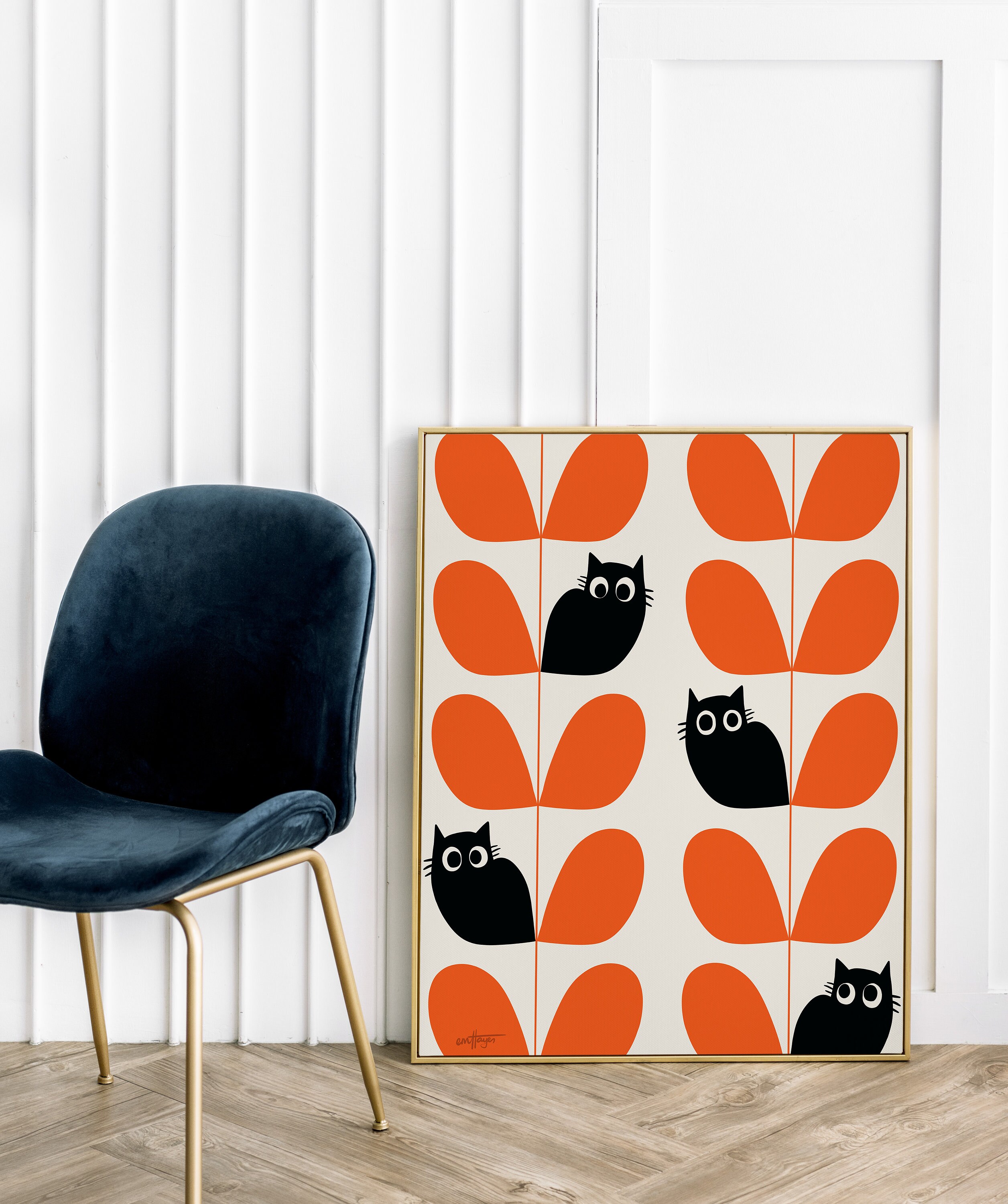 Orange Mid Century Modern Black Cat Art Print With Bauhaus Pattern ...