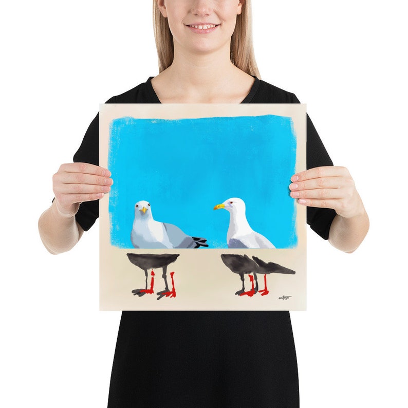 Contemporary Seagull Portrait in Realistic and Abstract Art Styles with Blue Color Background, Statement Art Print or Gallery Wall Art 14x14 inches