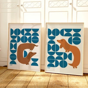 Set of 2 Mid Century Modern Dachshund Prints, Classic Bauhaus Poster with a Minimalistic Dog Lover Twist, Perfect Sausage Dog Gift