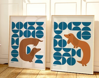 Set of 2 Mid Century Modern Dachshund Prints, Classic Bauhaus Poster with a Minimalistic Dog Lover Twist, Perfect Sausage Dog Gift