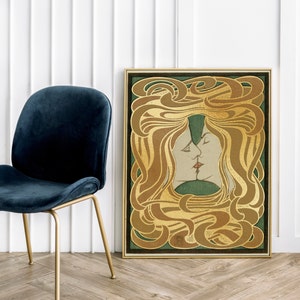 The Kiss by Peter Behrens – Vintage Art Nouveau Print with Stylized Gold Tones,(non metallic) Romantic Wall Art Gift for Art Lovers