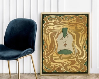 The Kiss by Peter Behrens – Vintage Art Nouveau Print with Stylized Gold Tones,(non metallic) Romantic Wall Art Gift for Art Lovers
