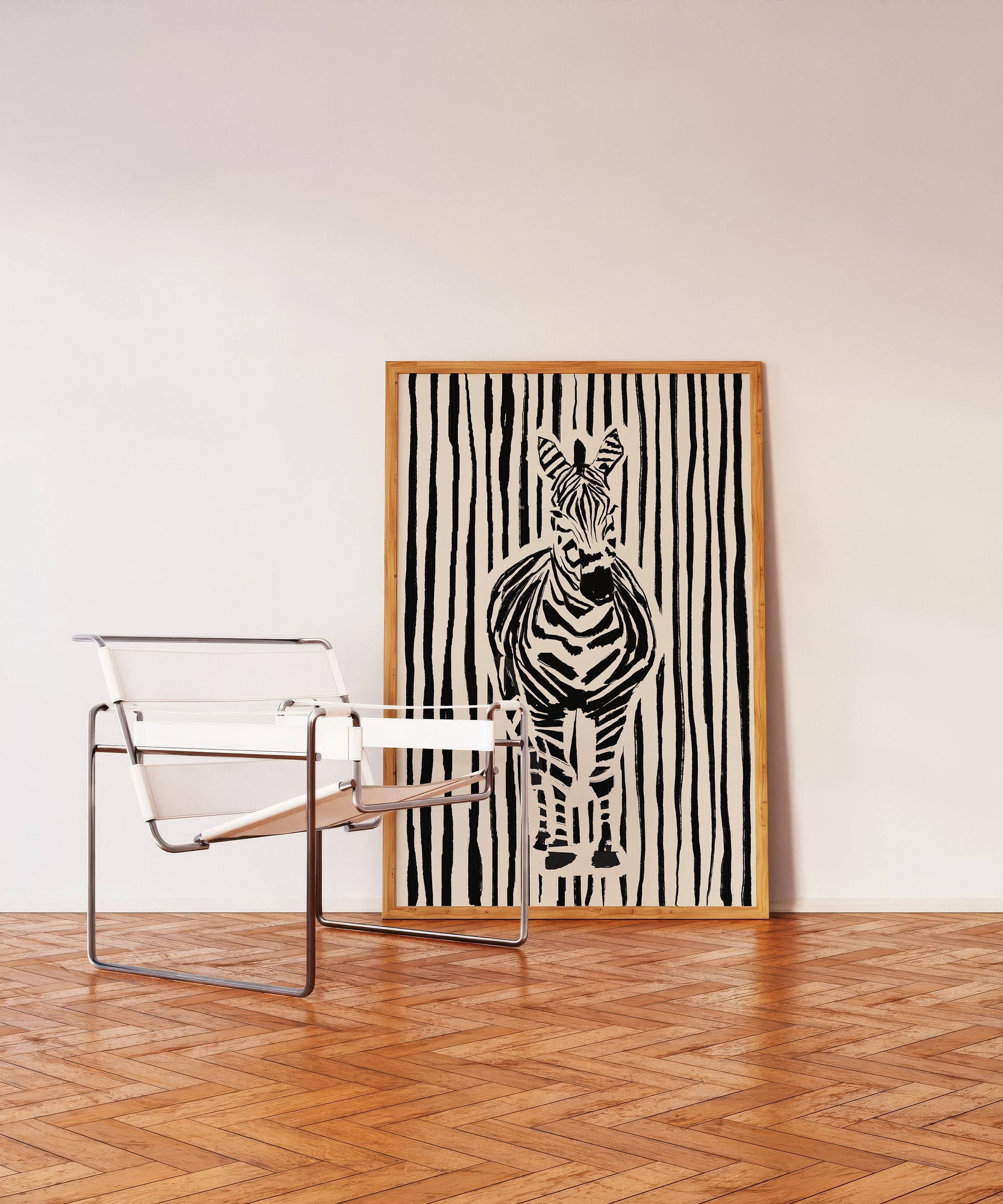 Abstract Zebra on Striped Background : Contemporary Black and White Illustration Print, Big Wall Art Decor, Cool Artwork for Living Room