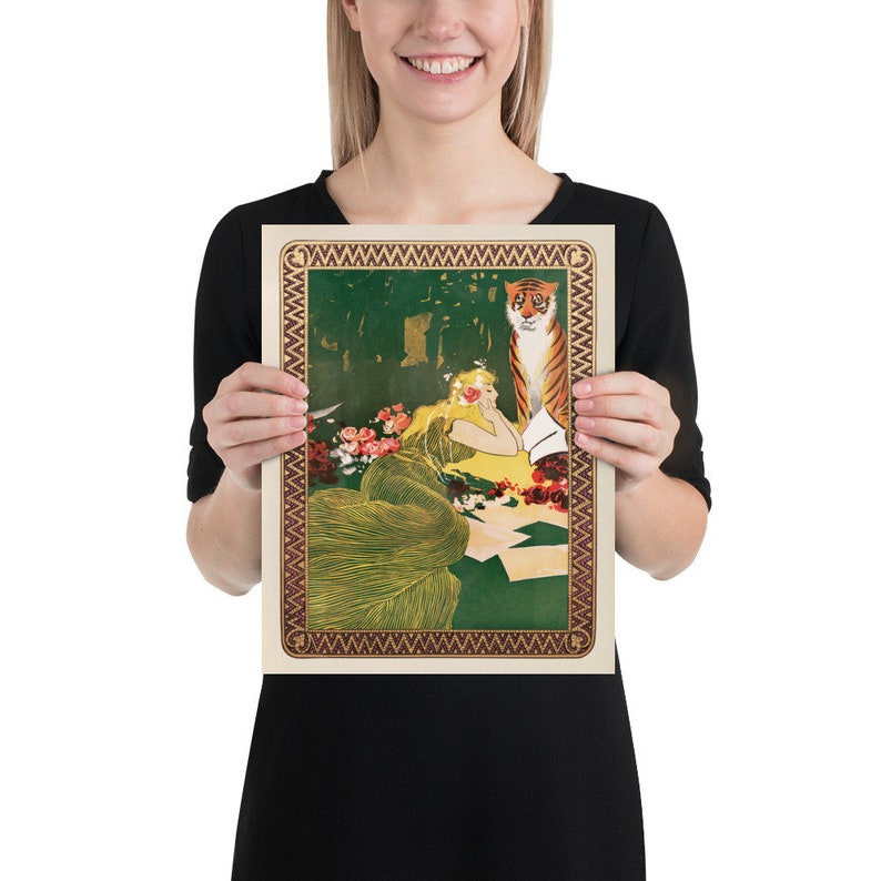 May include: A vintage illustration of a woman in a green dress with a tiger sitting beside her. The woman is holding a book and looking at the tiger. The background is a green forest with flowers.