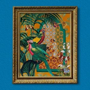 Colorful Birds in Exotic Jungle outside Lattice Window - Remixed Vintage Artwork, Bright Bold Oriental Boho Decor, Striking Maximalist Print