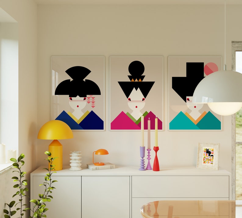 Set of 3 Bauhaus Japanese Geisha Girls Art Print Mid Century Modern Minimalistic Decor, Available in Multiple Sizes image 1