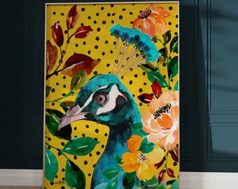 Colorful Blue Peacock Head with Flowers and Foliage on Yellow Background with Black Polka dots, Maximalist Hollywood Regency Wall Art Print