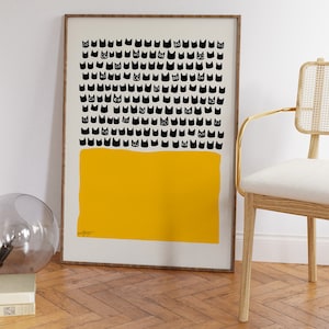 Art mural moderne chat noir - Impression abstraite de style Mid-Century avec bloc jaune, décoration minimaliste scandinave pour amoureux des chats, options de cadrage