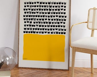 Art mural moderne chat noir - Impression abstraite de style Mid-Century avec bloc jaune, décoration minimaliste scandinave pour amoureux des chats, options de cadrage