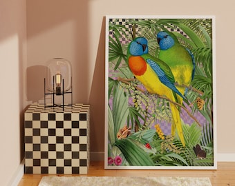 Vintage Tropical Parrots on Checkered Background, Glamorous Maximalist Hollywood Regency Wall Art Print, Stylish Lounge or Bedroom Decor