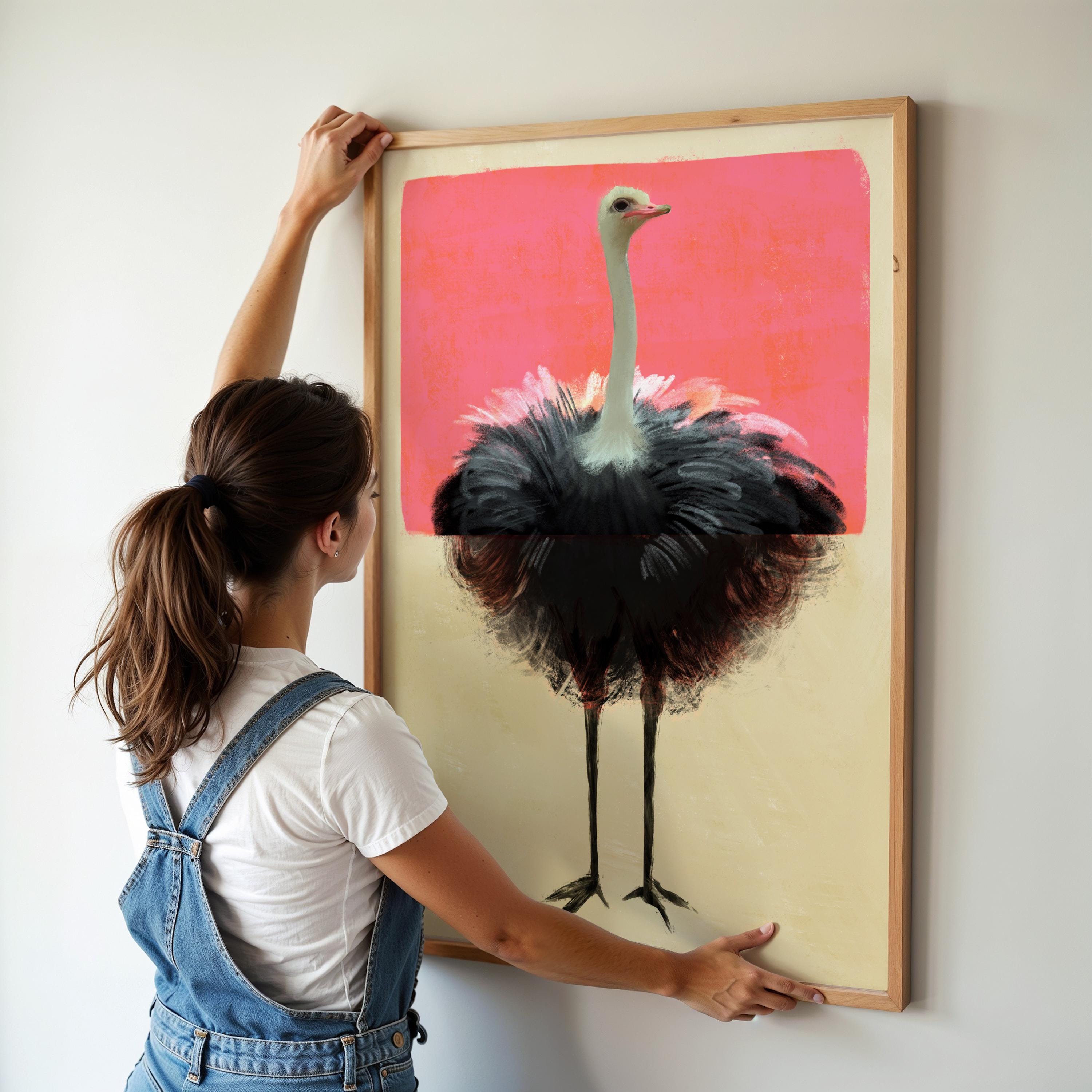 Ostrich Wall Art – Hand Drawn in Realistic & Abstract Style, Salmon Pink Background, Bold Statement Print for Gallery Wall or Large Decor