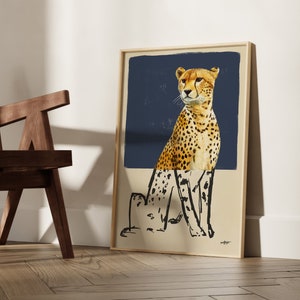 Contemporary Cheetah Drawing in Realistic and Abstract Art Styles with Charcoal Blue Background, Statement Art Print or Gallery Wall Art image 3