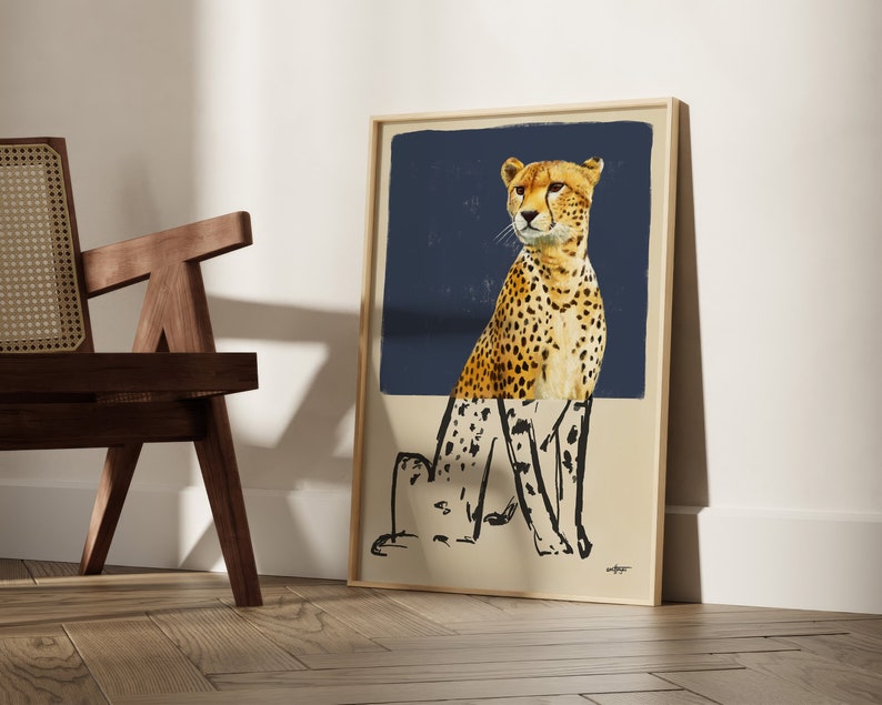 Contemporary Cheetah Drawing in Realistic and Abstract Art Styles with Charcoal Blue Background, Statement Art Print or Gallery Wall Art image 3