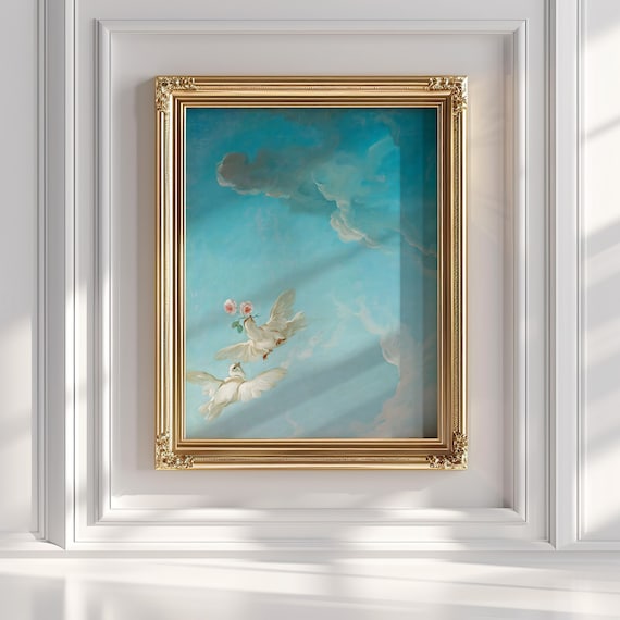 青空に浮かぶロマンチックな白い鳩 - ヴィンテージスタイルの雲の