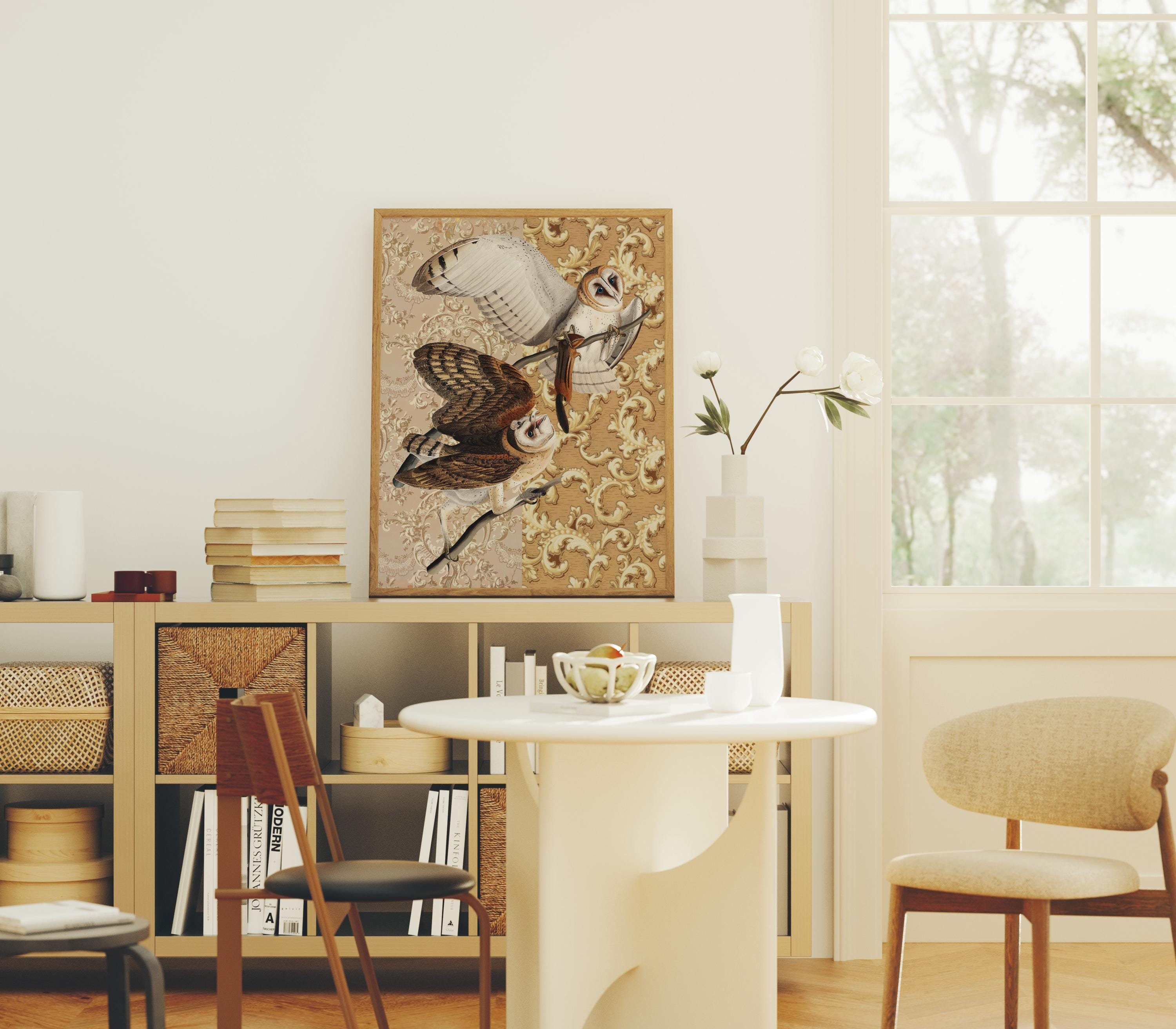 Vintage Owls on Baroque Cream Background &ndash; Elegant Nature Wall Art, Traditional or Eclectic Ho