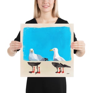 Contemporary Seagull Portrait in Realistic and Abstract Art Styles with Blue Color Background, Statement Art Print or Gallery Wall Art 16x16 inches