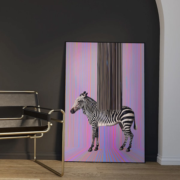 Zebra on Neon Striped Background with Glitch : Unique Bold Urban Chic Apartment Decor