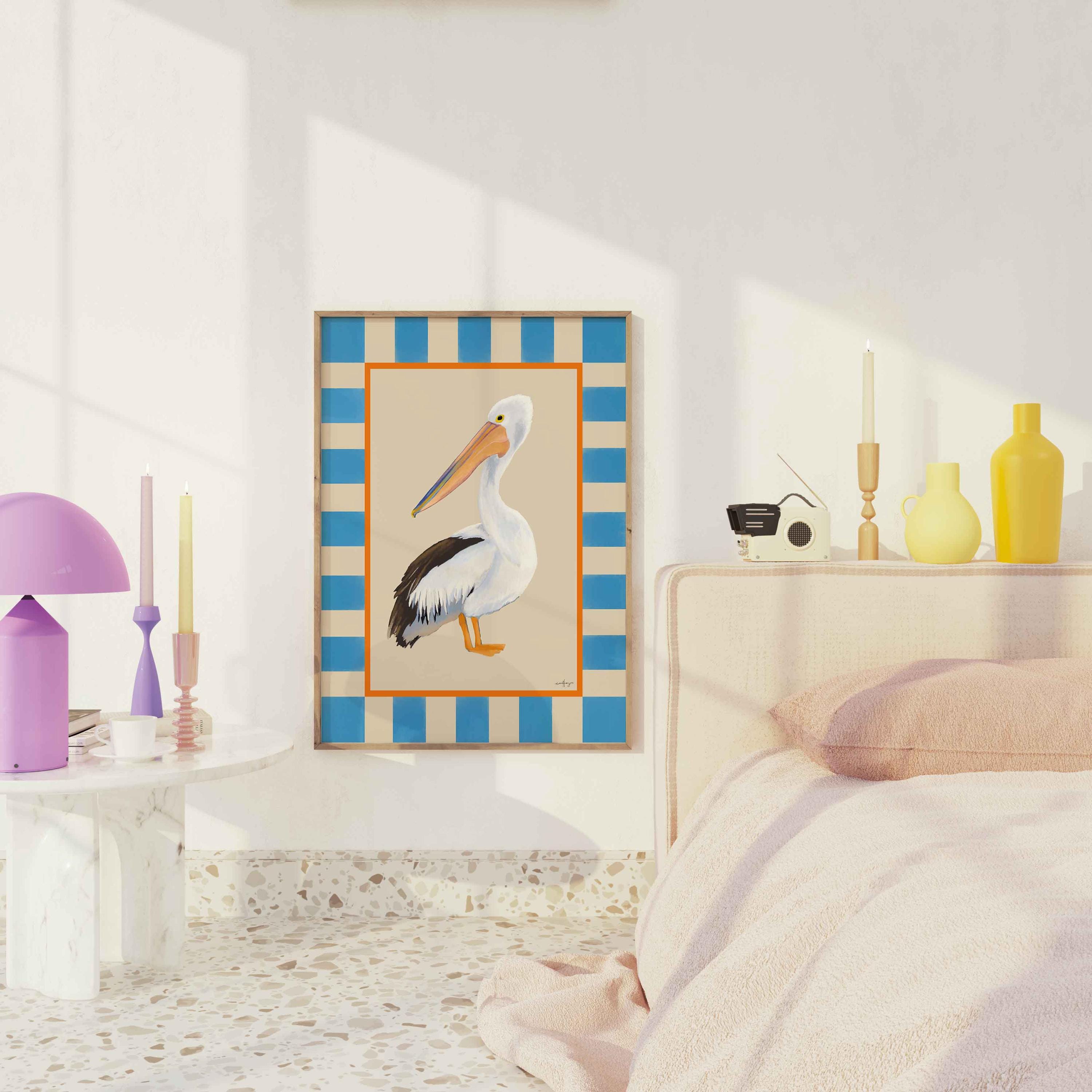 Pelican Wall Art Print, Coastal Bird Poster With Blue Stripe Border ...