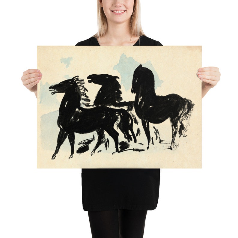 Abstract Inked Black Horses on Watercolour Background Timeless Art Print for Modern Home Decor, Thoughtful Gift Idea for Horse Enthusiast 18x24 inches