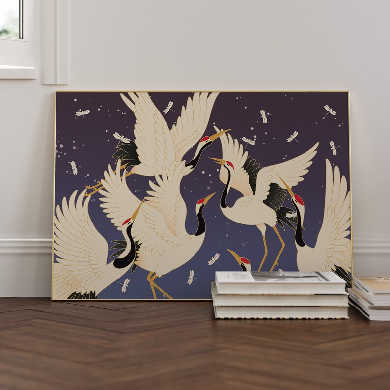 Japanese Crane Wall Art – Elegant Birds With Fireflies on Dark Blue ...