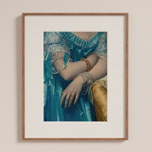 Victorian Woman in Blue Satin Lace Dress wearing Jewelry - Fine Art Neoclassical Renaissance Vintage Victorian Era Painting Detail
