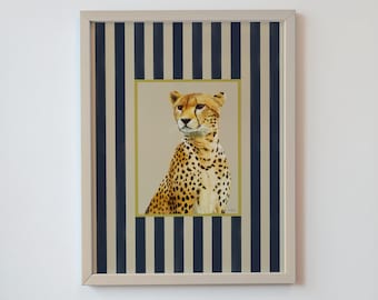 Cheetah Wall Art Print, Bold Wildlife Illustration with Navy Stripe Border, Modern Safari Poster, Luxe Jungle Decor for Statement Walls