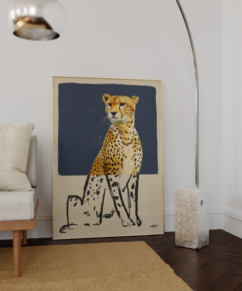 Contemporary Cheetah Drawing in Realistic and Abstract Art Styles with Charcoal Blue Background, Statement Art Print or Gallery Wall Art image 1