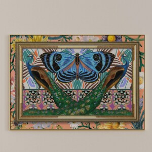 May include: A framed print featuring a colorful, abstract design with peacocks and a butterfly. The background is a peachy pink with floral accents. The frame is gold with a decorative border.