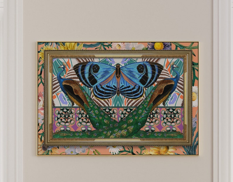 May include: A framed print featuring a colorful, abstract design with peacocks and a butterfly. The background is a peachy pink with floral accents. The frame is gold with a decorative border.