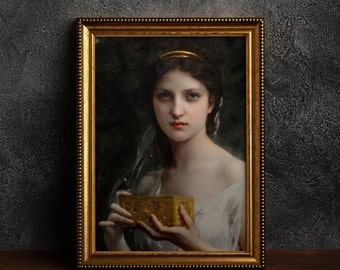 Mysterious Woman Holding Gold Box - Moody Dark Aesthetic Decor, Baroque Wall Art, Renaissance Vintage Victorian Era Painting for Galley Wall