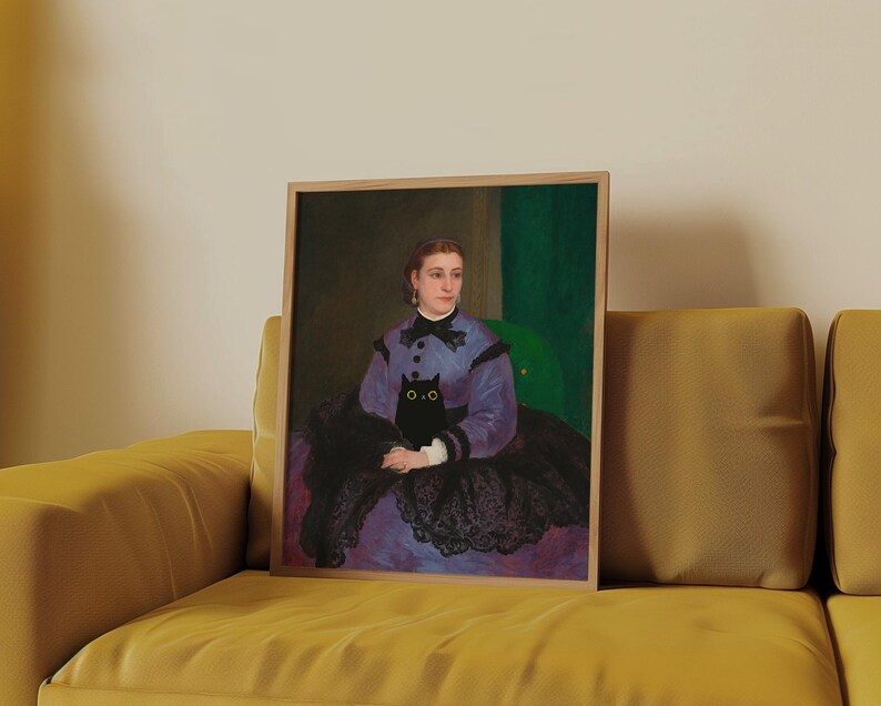 Renoir Mademoiselle Sicot met zwarte kat – grappige gewijzigde klassieke kunstprint, eigenzinnig cadeau voor kattenliefhebber of kattenouder afbeelding 2