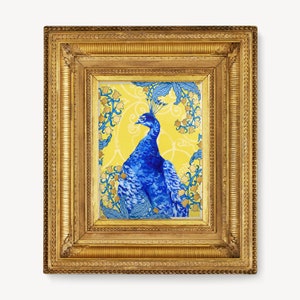 Blue Peacock with Blue and Gold Ferns on Vintage Yellow Pattern Background, Maximalist Hollywood Regency Wall Art Print