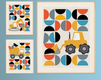 Camiones de juguete modernos de mediados de siglo con un colorido diseño retro Bauhaus: elija el juego completo o impresiones individuales, diseño escandinavo minimalista