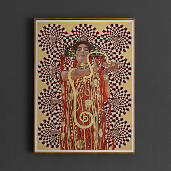 Gustav Klimt's Hygieia Holding Snake With Hypnotic Background