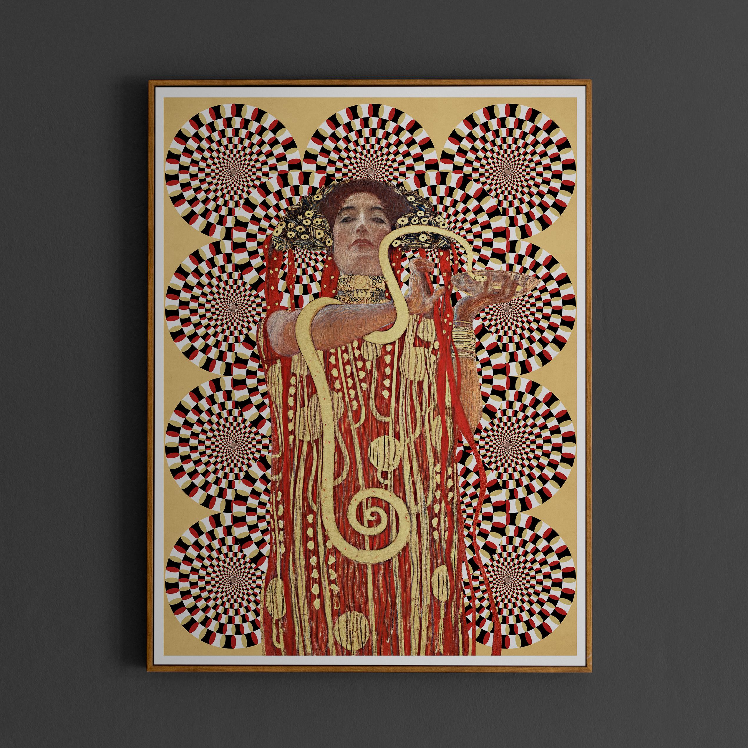 Gustav Klimt's Hygieia Holding Snake With Hypnotic Background
