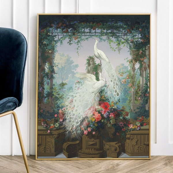 Beautiful White Peacocks in Dreamy Vintage Romantic Flower Conservatory: Maximalist Hollywood Regency, Opulent Glamorous Wall Art Print