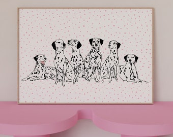 Hand Drawn Dalmatians on Pastel Pink Polka Dot Background: Super Cute Dog Breed Poster, Baby Kids Room Decor, Chic Contemporary Wall Art, XL