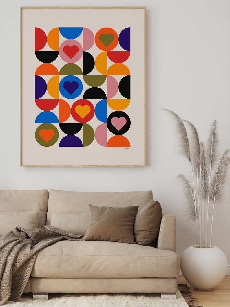 Cartel de corazones de Bauhaus, decoración de sala de estar escandinava moderna de mediados de siglo, impresión de arte abstracto en varios colores imagen 4