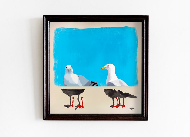 Contemporary Seagull Portrait in Realistic and Abstract Art Styles with Blue Color Background, Statement Art Print or Gallery Wall Art image 3